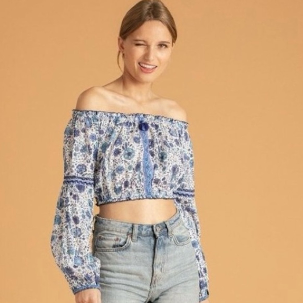 Poupette St Barth Rachel Off The Shoulder Crop Top floral blue size XS